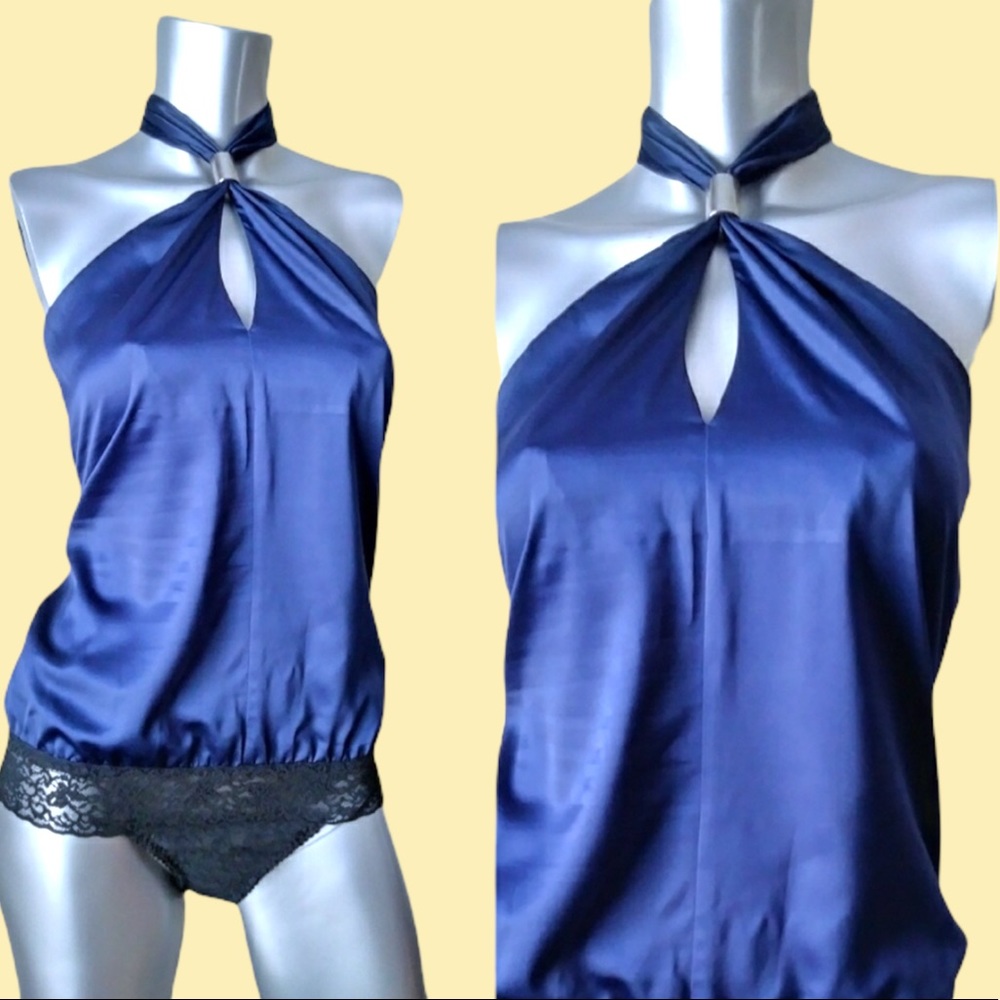 Moda International Navy Blue and Black Lace Ethereal Lingerie Bodysuit